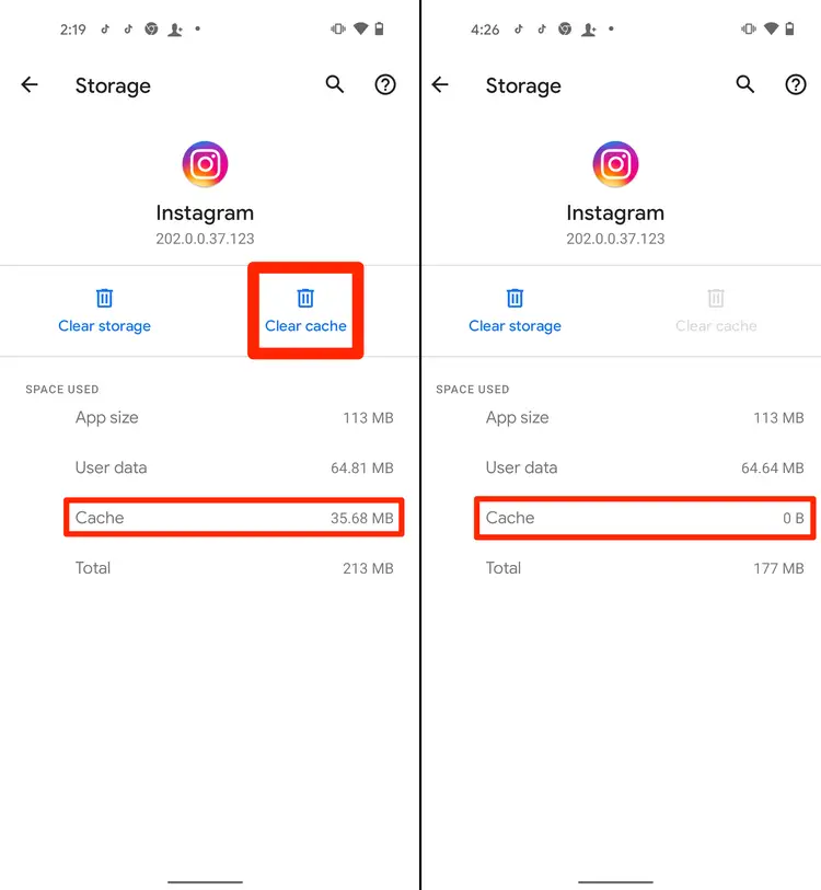 Clear the cache and data of the Instagram app